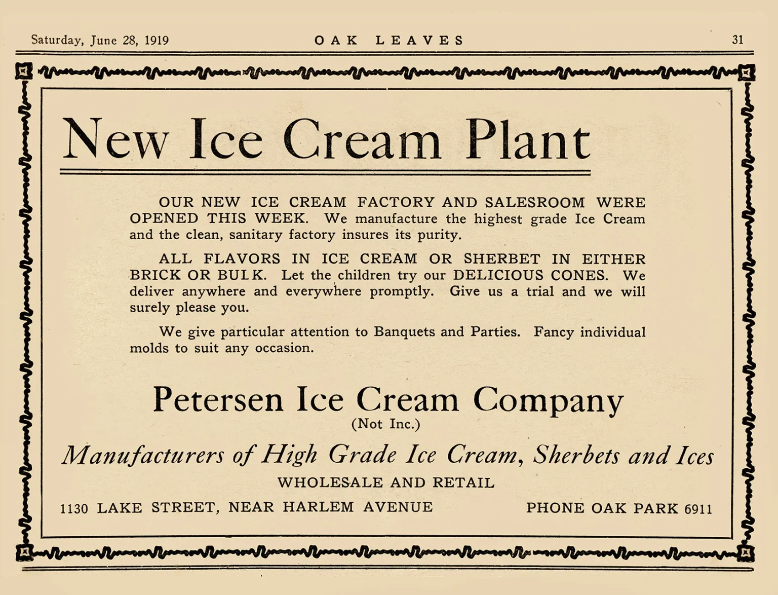 Advertisement in the Oak Leaves, Saturday 28 June 1919, announcing a new ice cream plant at 1130 Lake Street near Harlem Avenue.
