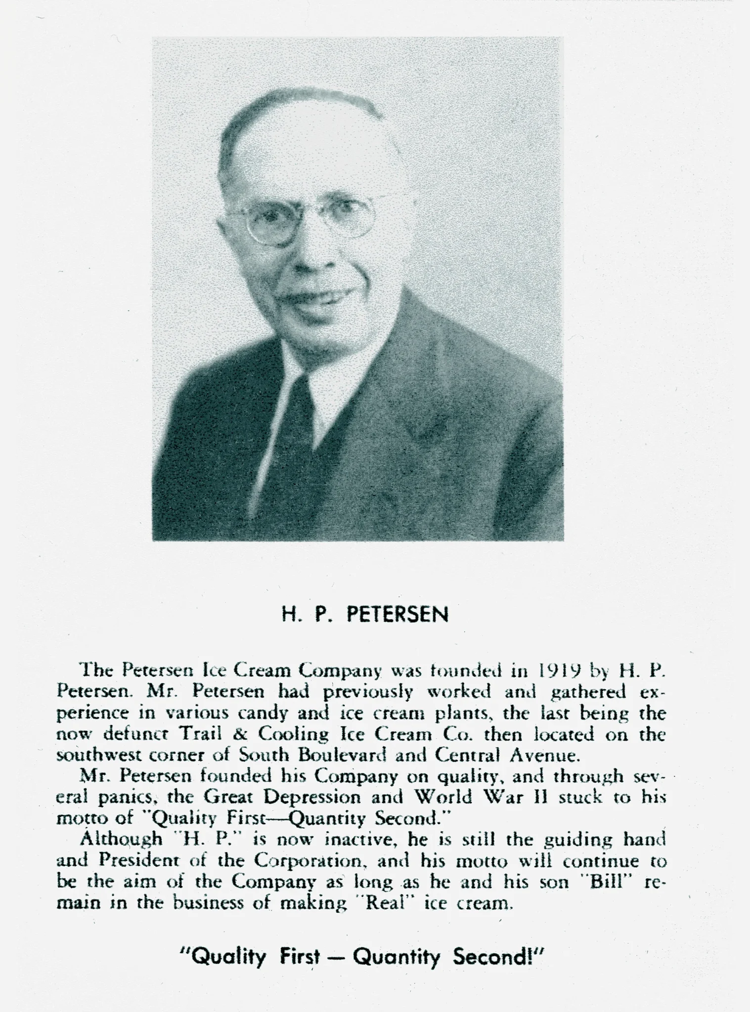 Portrait of founder H. P. Petersen beside the text describing the founding of the company in 1919.